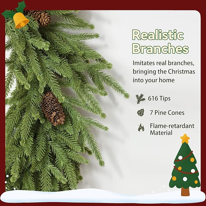 HOMCOM 24 inch Christmas Wreath with Pine Cones, Artificial Norfolk Pine Wreath with 88 Realistic Branches for Door, Wall, Window, Indoor Decoration, Green