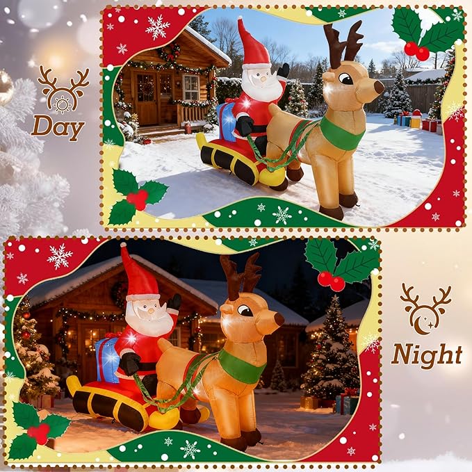 7.2 Ft Length Christmas Inflatable Santa on Reindeer Sleigh Decoration, Durable Blow Up Decoration Built-in LED Light, Christmas Inflatables for Garden Patio Lawn Home Indoor Winter Holiday Party