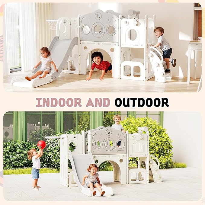8 in 1 Toddler Slide, Outdoor Indoor Playset for Kids Baby Age 1 2 3, Childs Climber Slide with Storage Space and Non-Slip Steps, Basketball Hoopa and Telescope, Gray & White
