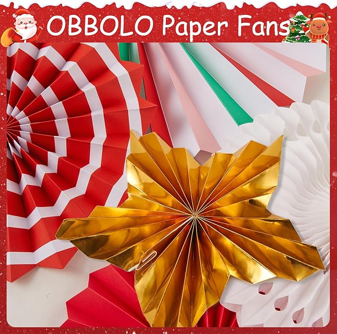 Christmas Paper Fans, Christmas Paper Decorations, Hanging Xmas Decor in Gold, Red, White and Peppermint Candy Theme Honeycomb Decorations