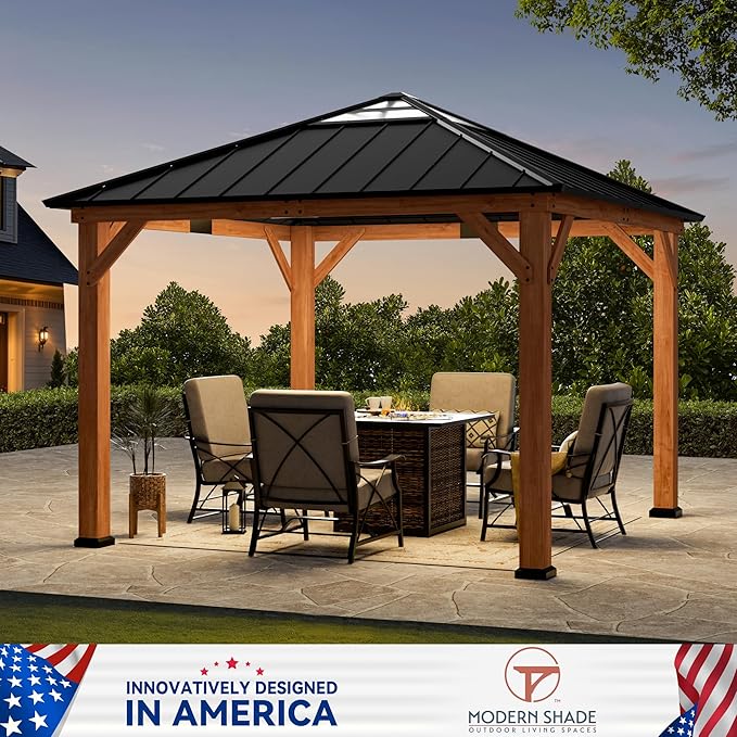 Modern Shade Tranquil Grove Wood Gazebo 11' x 11', Wooden Gazebo with Polycarbonate Hip Roof Hardtop, Permanent Hardtop Pavilion with Sturdy Hooks for Garden, Backyard