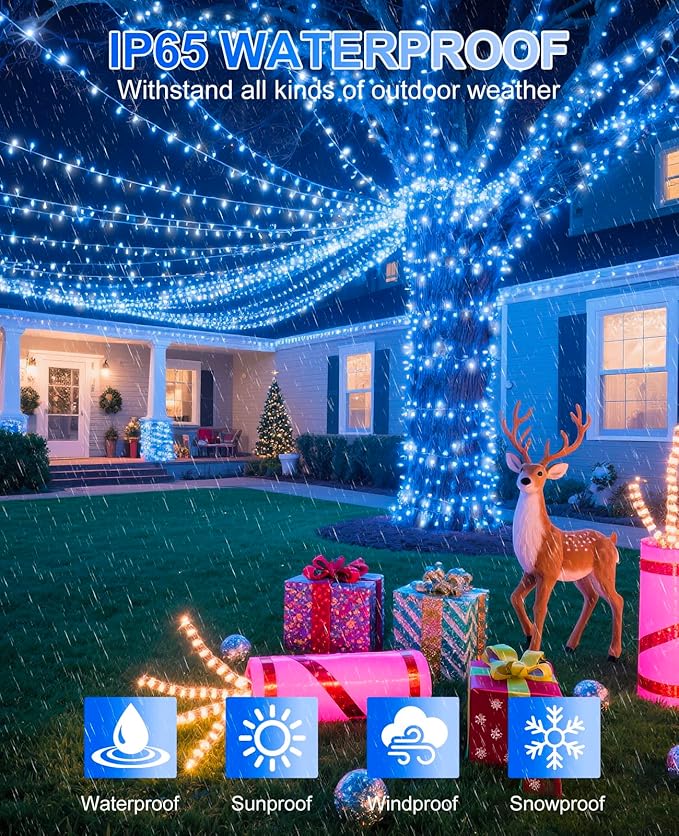 197FT 600 LED Christmas Lights Outdoor Indoor, Plug in String Lights for Outside 8 Modes, Waterproof Christmas Tree Lights for Outside Bedroom Wedding Party Holiday Decorations, Blue White