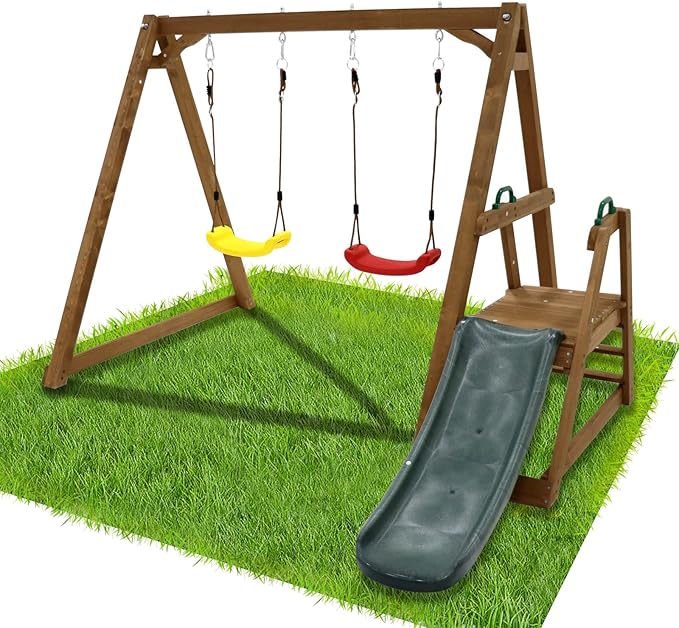 Kids Swing Set Outdoor and Slide - Sturdy Solid Wood Swing Frame with Climbing Ladder - Natural