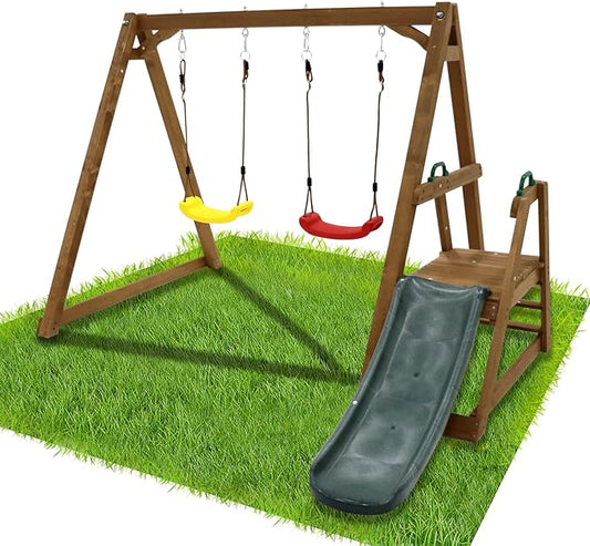 Kids Swing Set Outdoor and Slide - Sturdy Solid Wood Swing Frame with Climbing Ladder - Natural
