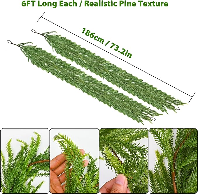 2 Pcs 6FT Artificial Norfolk Pine Christmas Greenery – Realistic Winter Pine Decoration for Mantle, Fireplace, Table, Wall, Indoor Outdoor Holiday Use