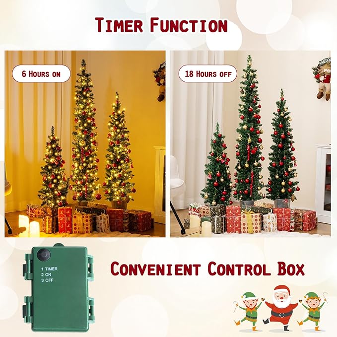 GOFLAME Set of 3 Pre-Lit Potted Christmas Trees, Artificial Pencil Christmas Tree Set 3Ft, 4Ft and 5Ft with Warm White LED Lights, Timer, Holiday Decoration Tree for Home Party
