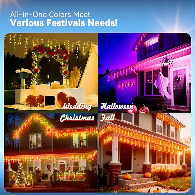 LitHome Color Changing Icicle Lights for Outside, 35 Colors Christmas Icicle Lights Outdoor with Remote Plug in, 240 LED 38FT RGB Icicle Christmas Light Indoor Connectable for Holiday Roof Home Decor