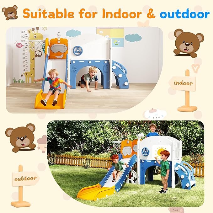 10-in-1 Toddler Slide Playset,Indoor Playground for Kids 1-3 and Toddler Outdoor playset with Golf Set, Basketball Hoop, Climbing Frame, Drawing Board and Steering Wheel, Yellow & Blue