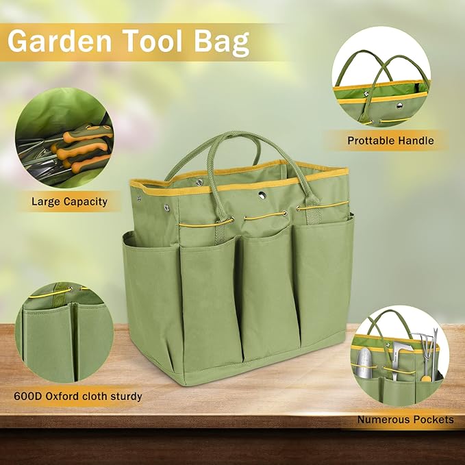 Garden Tool Set, WisaKey 9 Piece Stainless Steel Heavy Duty Gardening Hand Tools with Handle, Durable Garden Tool Bag, Gardening Gifts for Women and Men White Elephant Gifts for Adult