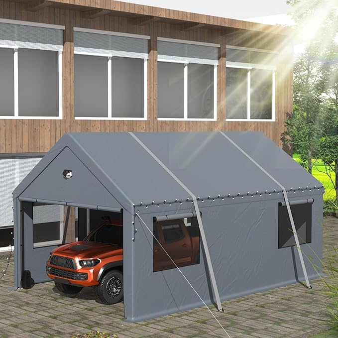 13x25FT Heavy Duty Carport Canopy,Extra Large Portable Car Tent Garage with Roll-up Windows and All-Season Tarp Cover,Removable Roof&Side Walls for Car,SUV,Boats&Truck Shelter Logic Storage