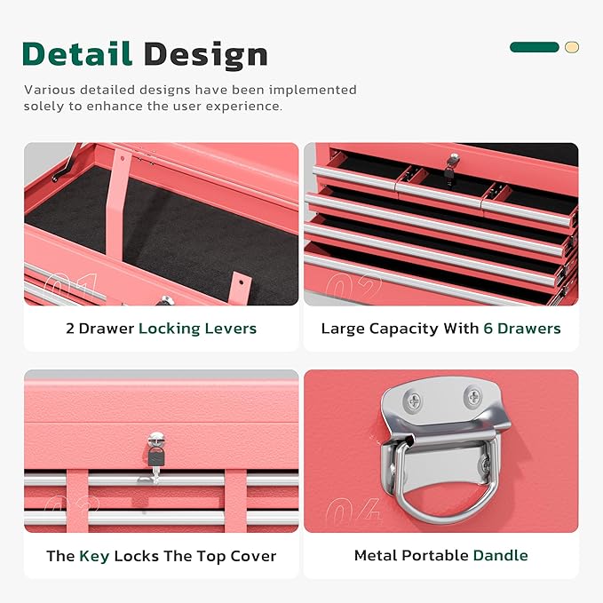 Greenvelly Tool Chest, 8-Drawer Rolling Tool Chest with Hooks and Lockable Wheels,Metal Storage Detachable Top Tool Box with Lockable Wheels for Garage,Workshop,Art Studio(Pink)