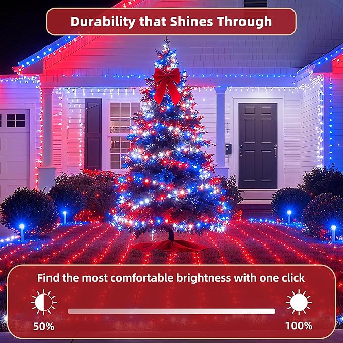 470ft Outdoor Christmas Lights, 1500 LED Super Long String Lights 12 Modes & Timer Memory, Dimmable Waterproof Light Strings for Xmas Tree Garden Wedding Party Holiday Decorations Red White & Blue