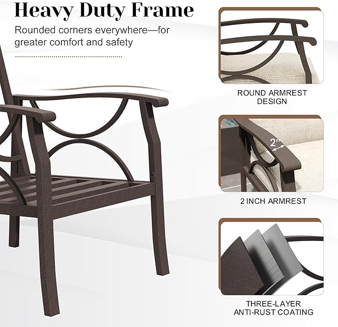 3 Seats Outdoor Patio Furniture Set, Outdoor Metal Sectional Furniture with Cushions, Outdoor Conversation Set with Coffee Table for Garden, Deck, Balcony, Backyard, Khaki