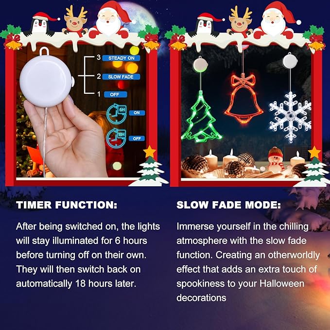 LOLStar Christmas Window Decorations,3 Pack Jingling Bell,Christmas Tree,Snowflake Christmas Window Lights with Suction Cup, Timer Function & Slow Fade Mode Battery Operated Indoor Lights