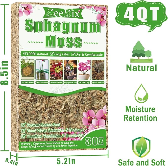 ZeeDix 3 oz Sphagnum Moss for Indoor Plants, Natural Dried Long Fiber Moss for Orchid Repotting, Carnivorous Plants, Succulents, Monstera, Flower & Reptile Terrariums Habitats (Expands to 4 qt)