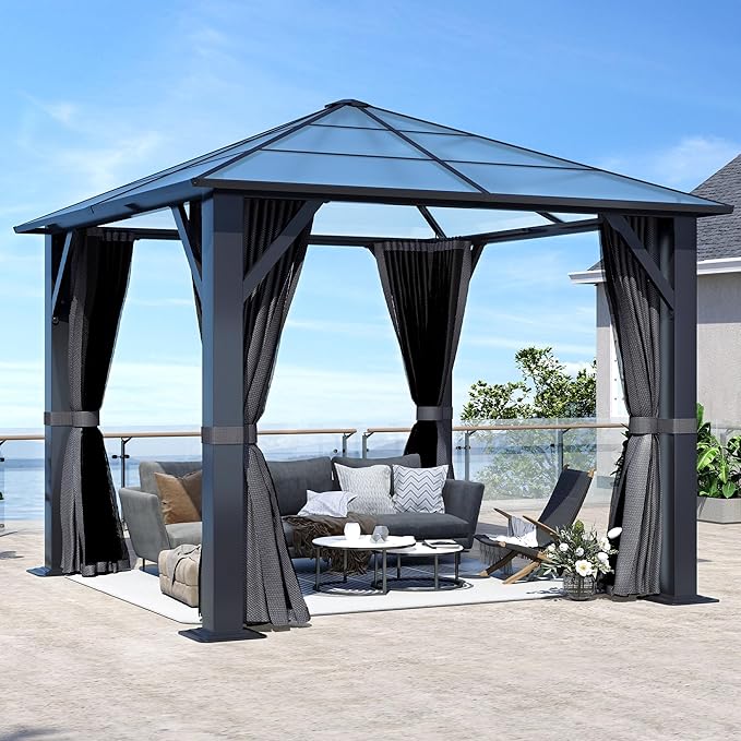 COVERONICS 10FT x 10FT Patio Polycarbonate Hardtop Gazebo with Steel Frame - Outdoor Translucent Roof Gazebo with Breathable Netting & Shaded Curtains for Porch, Lawn, Garden, Backyard, Poolside