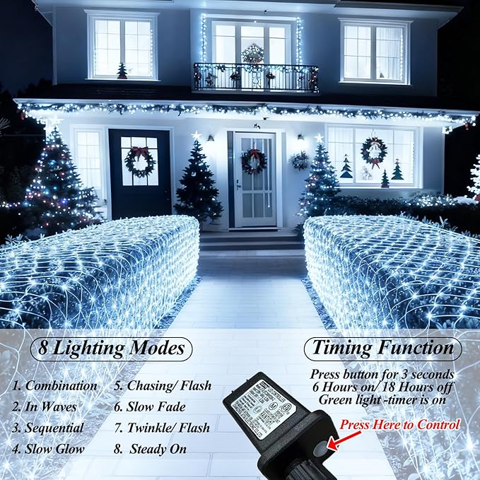 Lovelite 510 LED Christmas Net Lights, 27.9ft x 5ft Mesh Lights Outdoor Clear Wire 8 Modes, Waterproof Connectable String Lights Plug in for Xmas Tree Bushes Garden Holiday Party Decorations - White