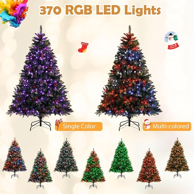 GOFLAME 6FT Pre-lit Artificial Christmas Tree, Hinged Xmas Tree with Remote and App Control, 370 Color & Mode Changing RGB Lights, Timer, 1054 Branch Tips, Pine Cones and Red Berries