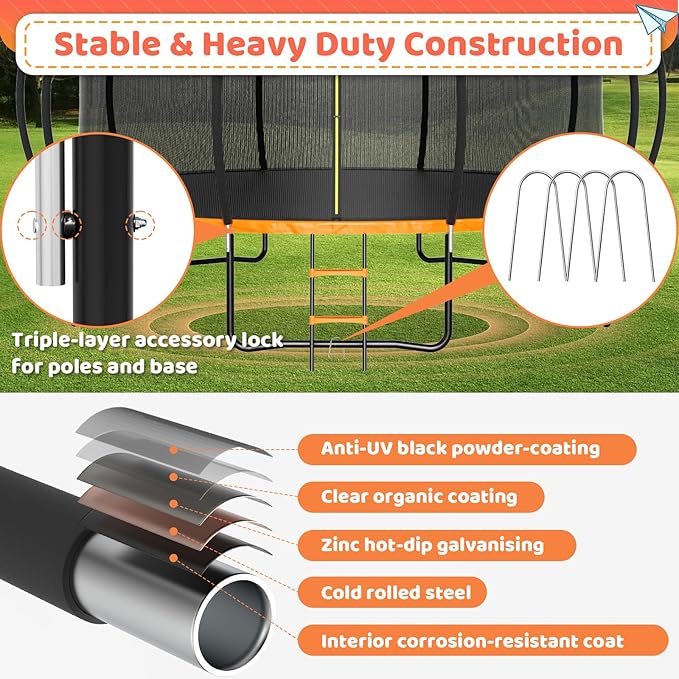 8FT 10FT 12FT 14FT 16FT Trampoline Outdoor, Trampolines for Kids & Adults, Pumpkin Trampolines with Safety Net, Ladder, Coating Metal Frame, ASTM Approved Large Backyard Trampoline for Kids