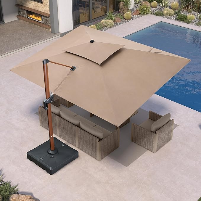 PURPLE LEAF 9' X 12' Patio Large Cantilever Umbrella Outdoor Round Wood Umbrellas Offset Umbrella Heavy Duty Sun Umbrellas for Garden Deck Pool, Deep Beige