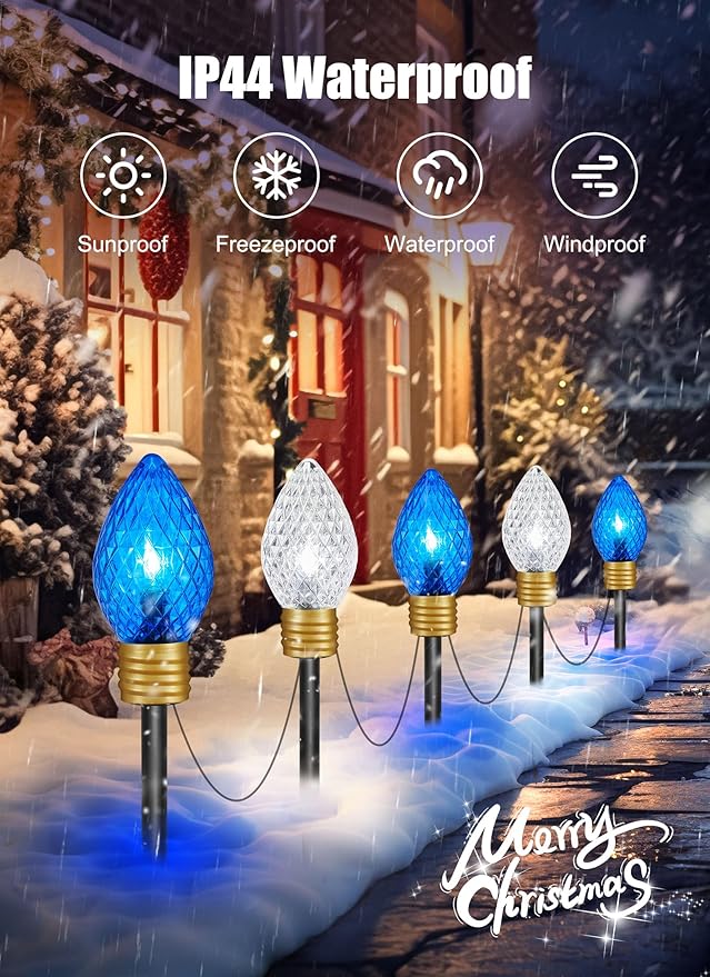 Minetom Strawberry C9 Christmas Jumbo Lights - 2 Pack 10.5 Feet 5 Light Christmas Pathway Lights Outdoor C7 Light Covered Jumbo Bulb Decorations for Lawn Garden Outside, Blue ＆ Cool White
