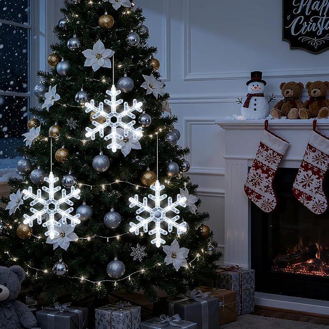 3Pack Christmas Window Lights Decorations with Timer,Battery Powered White Lighted Snowflake Shaped LED String Sucker for Xmas 2026 Hanging Fireplace Window Indoor Decor
