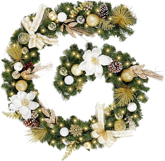 WBHome Pre-lit 9 Feet/108 Inch Christmas Garland, White & Gold Lighted Garland with 50 LED Lights for Indoor Outdoor Xmas Decor Holiday Decorations, Battery Operated (Batteries NOT Included)