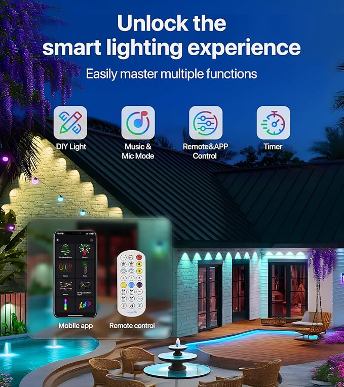 Permanent Outdoor Lights, 50FT RGB+IC LED Lights with Smart APP & Remote Control, 72 Scene Modes, Waterproof IP65 for Holiday, Christmas, Yard Decorations(Extension Cord Not Included)