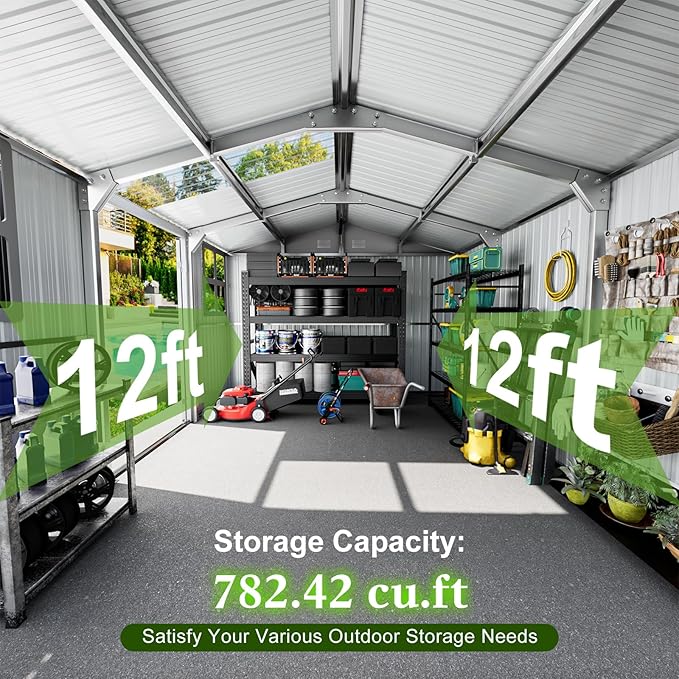 12x10 FT Metal Sheds & Outdoor Storage: Heavy Duty Garden Sheds with Dual Transparent Roof Panels, 2x4-Pane Windows & Hinged Double Doors, Weatherproof Tool Shed for Backyard, Garden, Patio, Grey