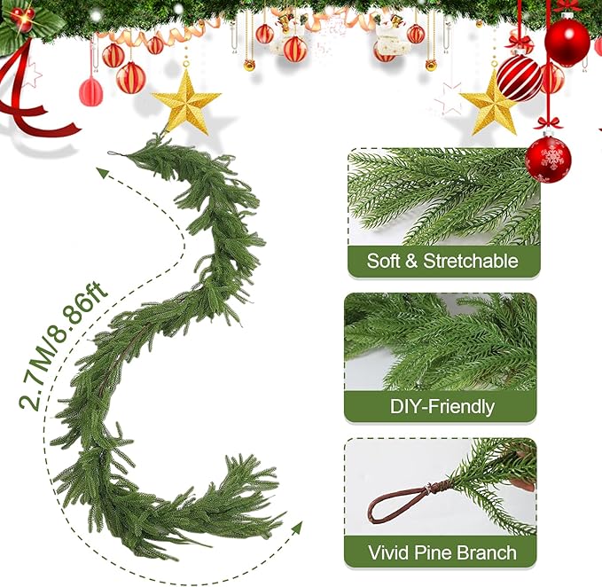 Norfolk Pine Christmas Garland - Real Touch Pine Garland, Green Artificial Greenery Garland for Holiday, Fireplace, Mantle, Window, Stairs, Indoor, Outdoor Décor (270cm - Standard)