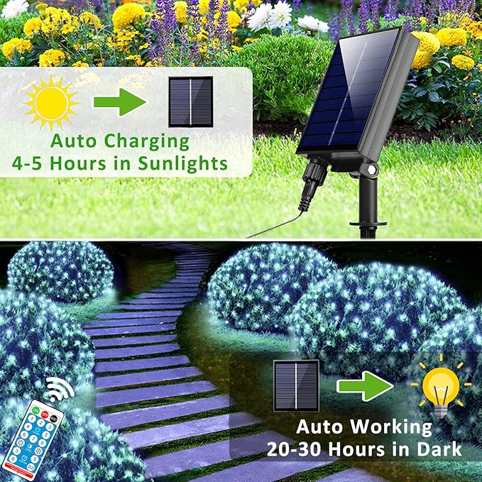 11.5ft x 5ft Solar Net Lights Outdoor, Solar & USB 2 Power Way 240 LED Waterproof Mesh Lights for Bushes, Remote Control 8 Modes String Light Trees Patio Garden Christmas Indoor Decor (Cool White)