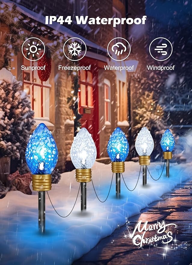 Brightown 2 Pack Jumbo Christmas Pathway Lights Outdoor - 10.5 Feet 5 LED C9 Walkway Light, Covered Jumbo Strawberry Bulb Decorations for Lawn Outside, Blue ＆ White