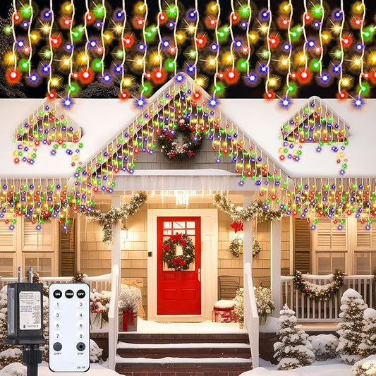 118 ft 1248 LED Christmas Outdoor Icicle Lights LED Fairy String Hanging Lights Waterproof with 8 Modes Timer for Christmas Decorations Wedding Holiday Party Roof Yard, Multicolor