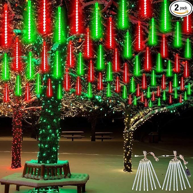 2 Pack Christmas Decorations Lights Outdoor, Extendable Meteor Shower Lights with Timer, Total 384LED 30cm 16 Tubes Indoor Outdoor Snow Cascading String Light for Xmas Party Yard Decor (Red and Green)
