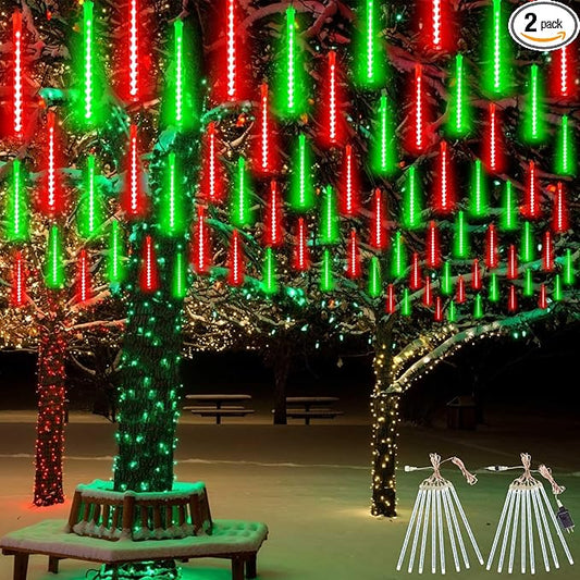 2 Pack Christmas Decorations Lights Outdoor, Extendable Meteor Shower Lights with Timer, Total 384LED 30cm 16 Tubes Indoor Outdoor Snow Cascading String Light for Xmas Party Yard Decor (Red and Green)