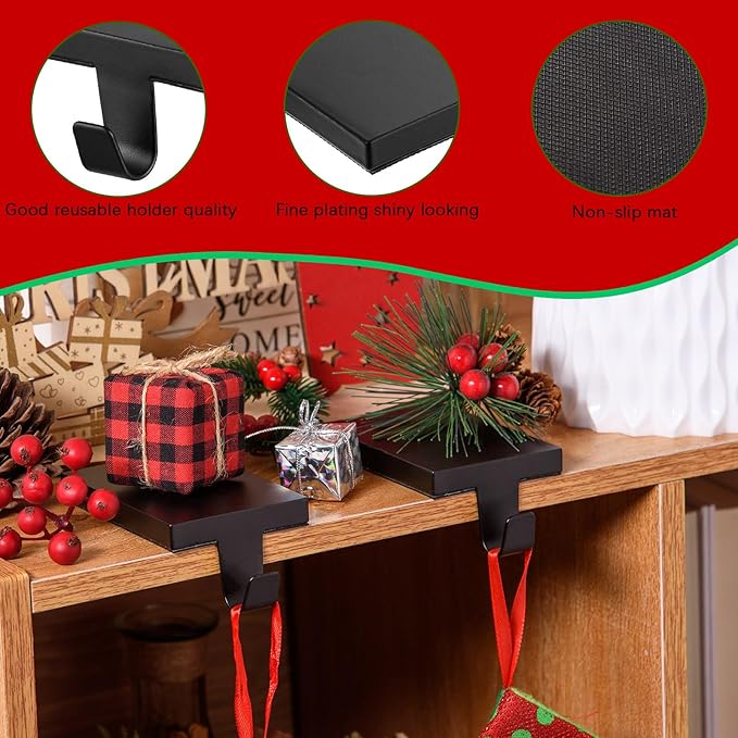 4 Pcs Christmas Stocking Holders Hanging Hooks Heavy Duty Mantel Stocking Holder Bases Weighted Metal Stocking Hangers for Shelf Fireplace Stair Xmas Party Decor (4, Black)