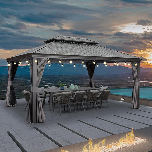 PURPLE LEAF 12' X 16' Permanent Gazebo with Light Hardtop Roof for Outdoor Lawn and Garden Pavilion Grey