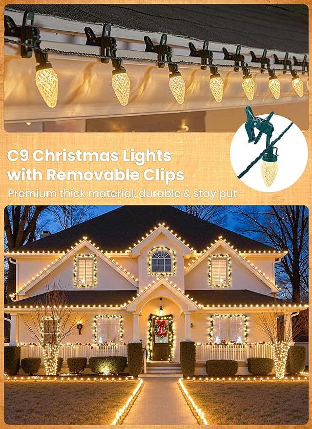 C9 68Ft Led Christmas String Lights 100 LED with Quick Clips Outdoor Waterproof Strawberry Lights, Commercial Grade Extendable for Indoor Outside Roofline Patio Home Xmas Decoration, Warm White