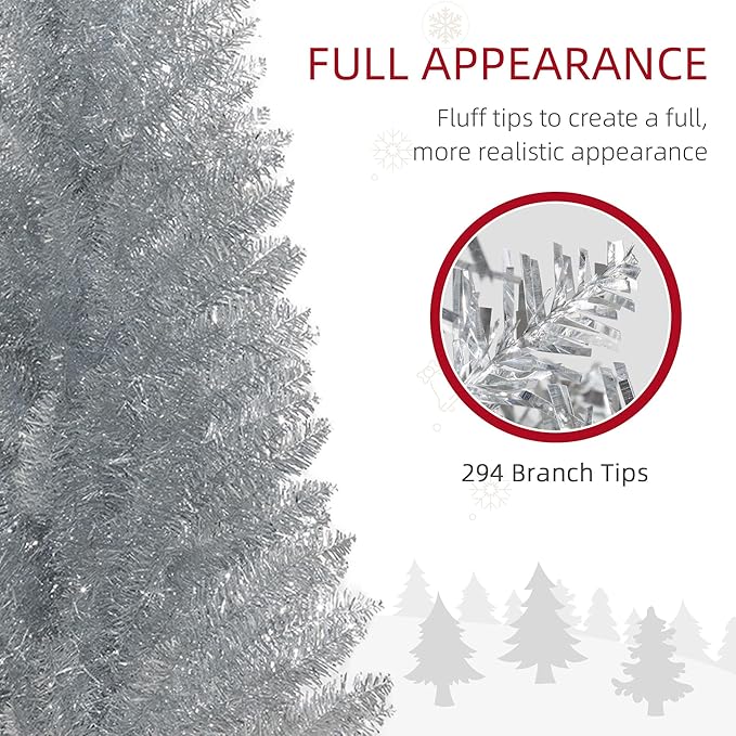 HOMCOM 5' Artificial Pencil Christmas Tree, Slim Xmas Tree with 294 Realistic Branch Tips and Plastic Stand, Silver