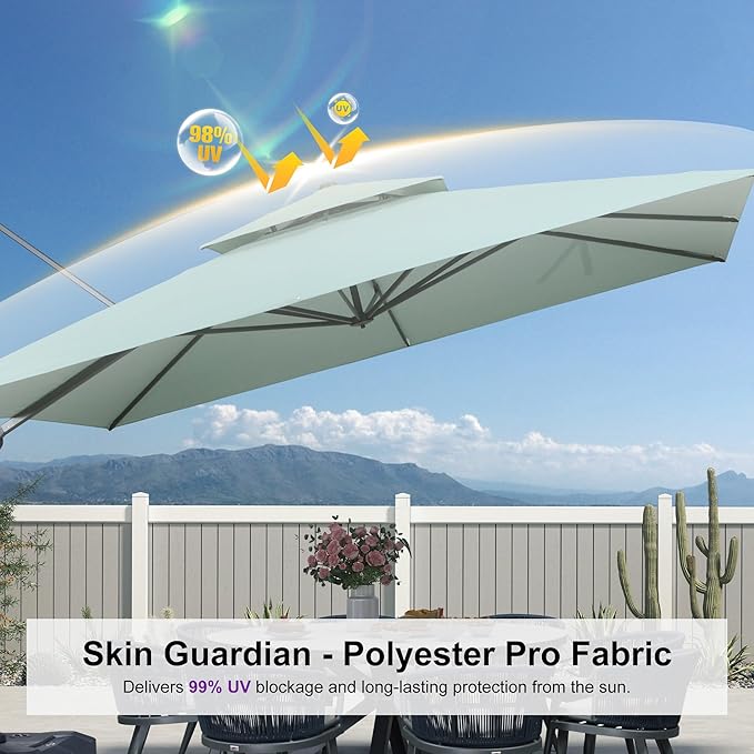 PURPLE LEAF 12 FT Cantilever Patio Umbrella Outdoor Umbrella with 330lbs Base Large Square Windproof Offset Umbrella for Pool Deck Garden, Mint Green