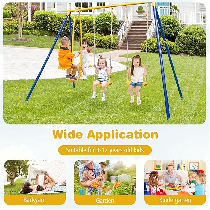 Costzon 440 lbs Swing Set for Backyard, 2-in-1 Heavy Duty Extra Large Metal Swing Frame w/2 Swings, Glider, Adjustable Hanging Ropes, Outdoor Playset Great Gift for Kids