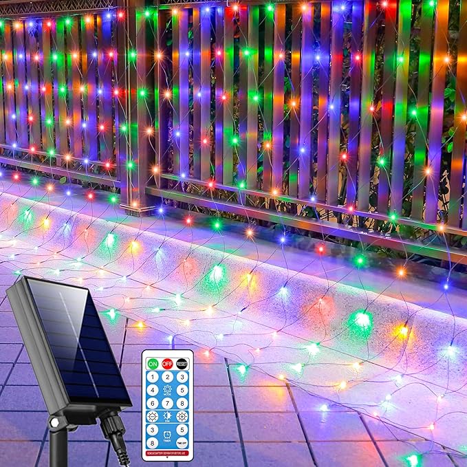 21ft x 5ft Solar Net Lights Outdoor, Solar & USB 2 Power Way 360 LED Waterproof Mesh Lights for Bushes, Remote Control 8 Modes String Light Trees Patio Garden Christmas Indoor Decor (Multicolor)