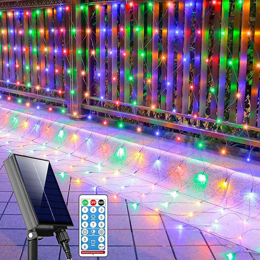 21ft x 5ft Solar Net Lights Outdoor, Solar & USB 2 Power Way 360 LED Waterproof Mesh Lights for Bushes, Remote Control 8 Modes String Light Trees Patio Garden Christmas Indoor Decor (Multicolor)