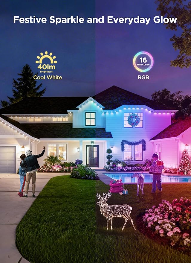 Permanent Outdoor Lights, 50FT with 32 Smart RGBIC LED Lights, DIY Scene Mode, IP68 Waterproof Christmas Lights for Daily and Accent Lighting, Outdoor Decor, House Roof, Holiday Decorations
