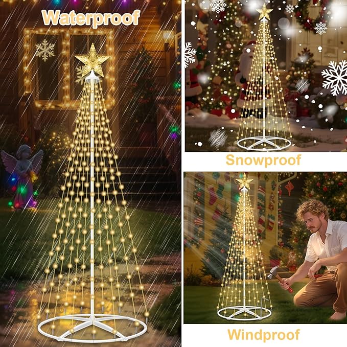 202LED Outdoor Solar Christmas Tree Lights, 5FT Lighted Artificial Cone Tree with Remote, 8 Modes, USB Charge, Timer & Waterproof Christmas Tree Decor for Garden Yard Patio, Warm White