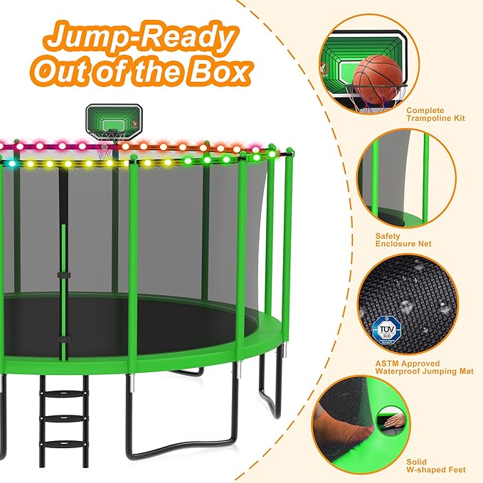 DeepRoar 2026 Upgraded 8FT 10FT 12FT 14FT 15FT 16FT Outdoor Tranpoline for Kids, Big tranpoline with Basketball Hoop, Lights, Sprinkler & Socks, Heavy Duty tranpoline 1500LB, ASTM Approved Tranpoing
