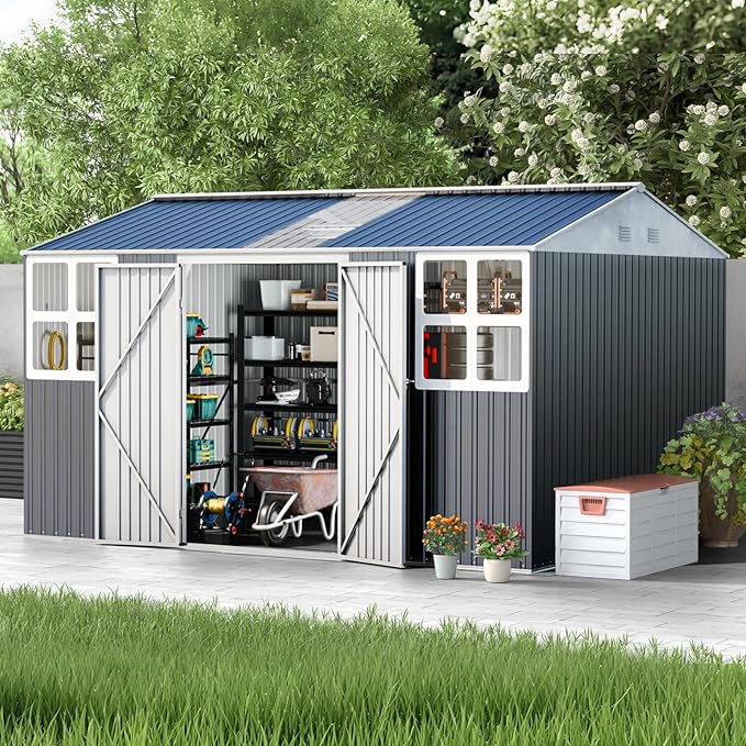12x10 FT Metal Sheds & Outdoor Storage with Floor: Heavy Duty Garden Sheds with Dual Transparent Roof Panels, 2x4-Pane Windows & Hinged Double Door, Tool Shed w/Base for Backyard, Garden, Patio, Grey