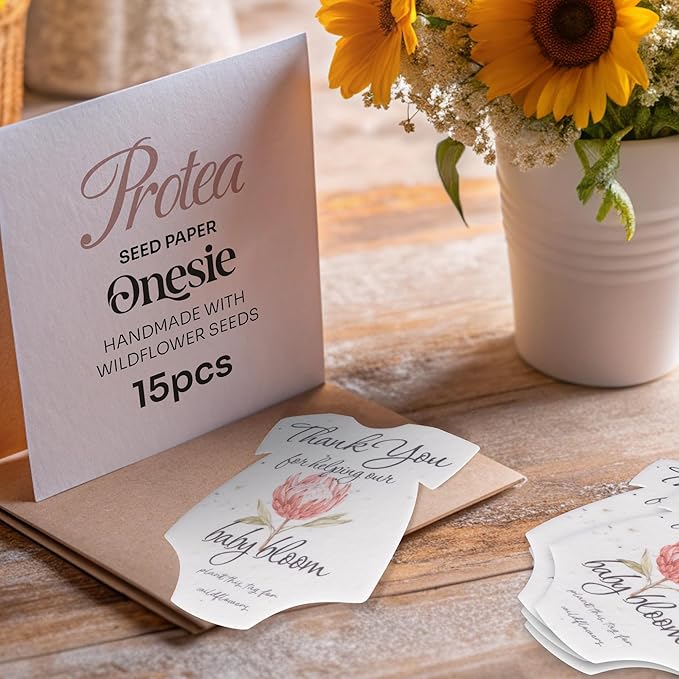 Onesie Seed Paper – 15Pcs Protea Baby Shower Favors for Guests with Wildflower Seeds, Writable & Plantable, Baby Shower Gifts for Guest