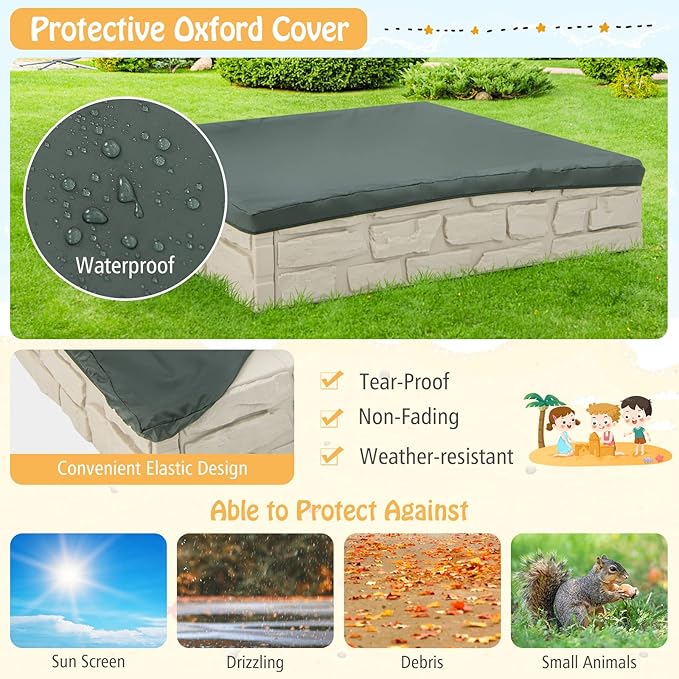 HONEY JOY Sandbox with Cover, 47 x 47 Inch Square Sand Pit for Backyard, Bottom Drainage Oxford Liner, HDPE Playful All Weather Resistant Sand Boxes for Kids Outdoor with Lid (White)