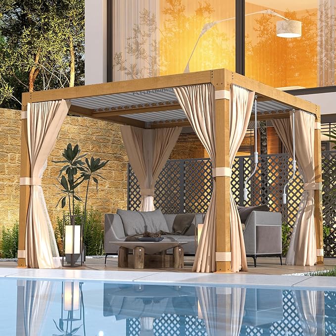 EROMMY Louvered Pergola 10' x 10' Outdoor Hard Top Gazebo with Wooden Grain Aluminum Frame and Adjustable Metal Rainproof Roof for Garden & Patio, Curtains and Netting Included, Wood Grain